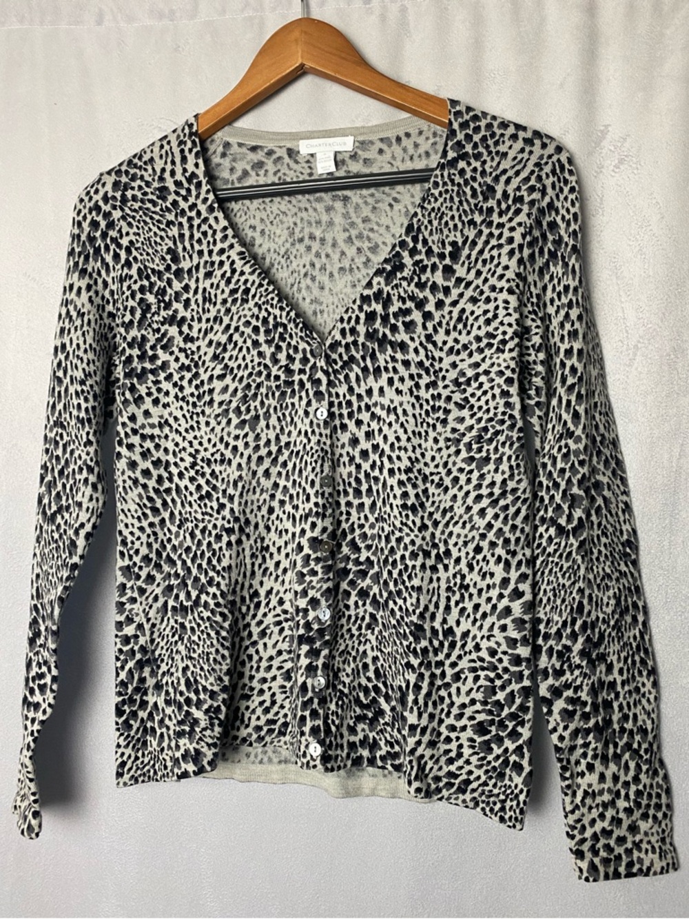 Charter Club Black & Cream quiet luxury mob wife Leopard-Pattern Cardigan S